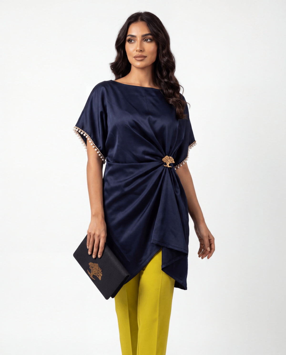 Navy Pearl-Trim Blouse & Lime Trouser Set