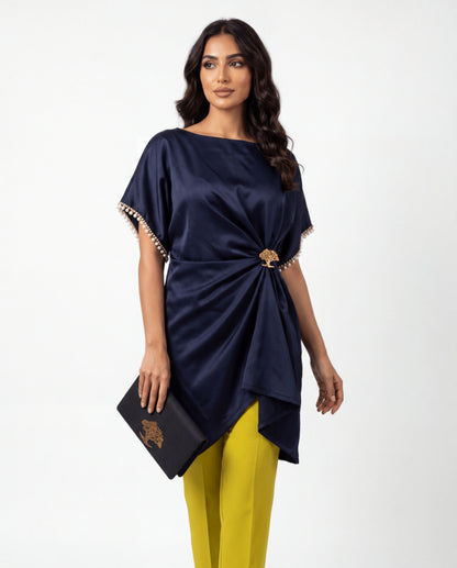 Navy Pearl-Trim Blouse & Lime Trouser Set