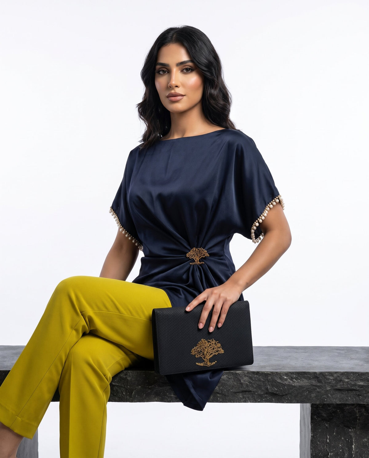 Navy Pearl-Trim Blouse & Lime Trouser Set