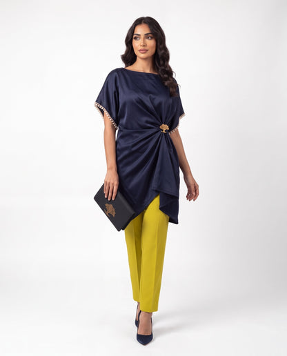 Navy Pearl-Trim Blouse & Lime Trouser Set